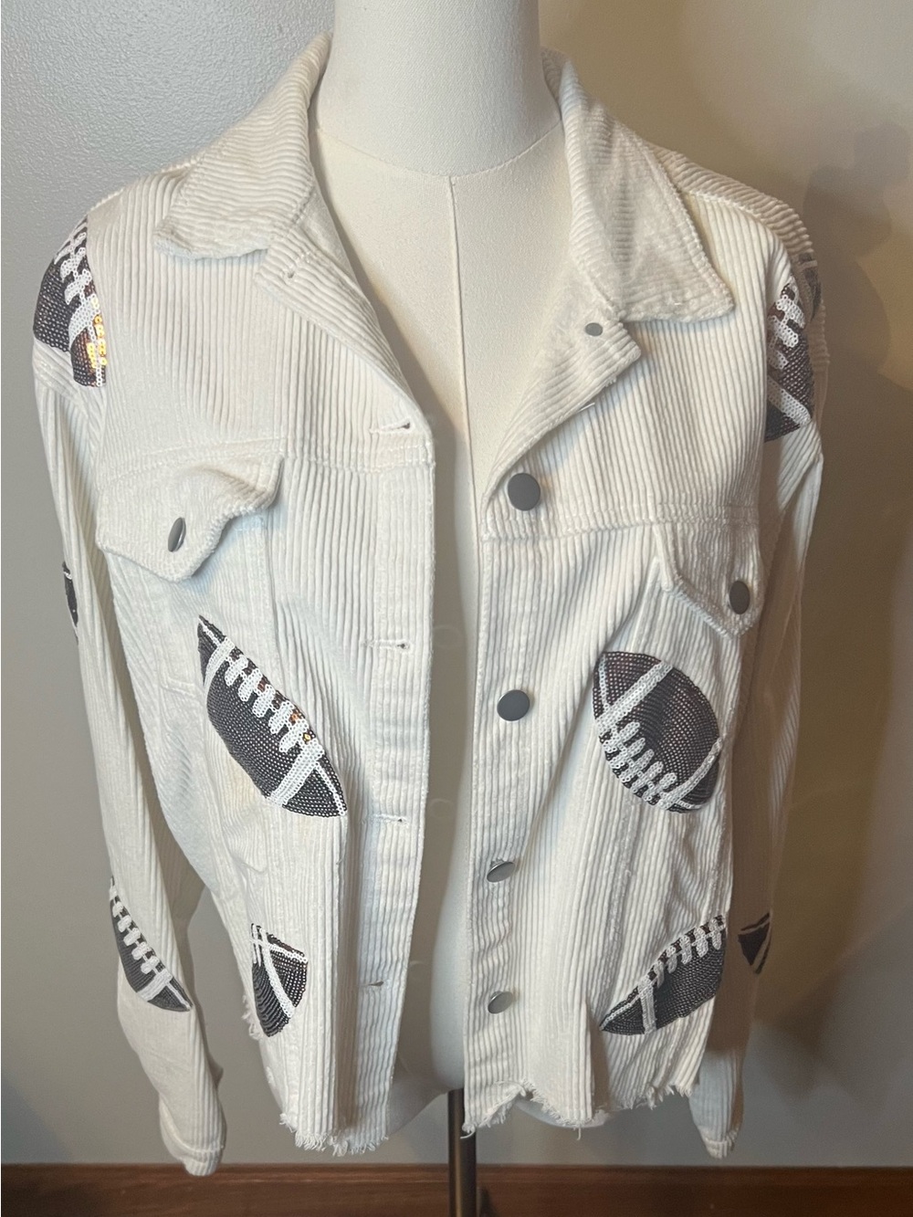 Women’s Football corduroy Jacket Cream sequin footballs new with tags medium